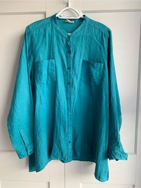 Eileen Fisher 100% Organic Linen Button-Front Women's Size Large Blouse A-lined